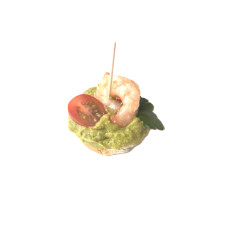 Chlebová kanapka luxus s marinovanou tygří krevetou, avokádovým guacamole a cherry rajčátkem